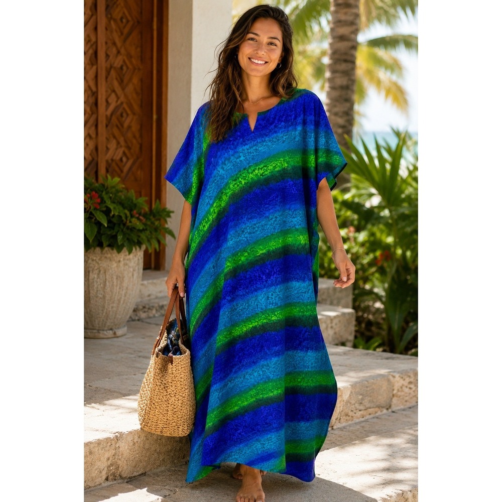 Revue KEva Caftan Maxi Dress Boho Coastal Resortwear Blue Green Batik One Size